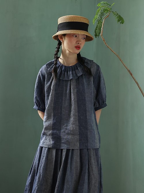 豆屋製 衣 日式亞麻條紋 微寬鬆短袖襯衫/半身裙兩件套