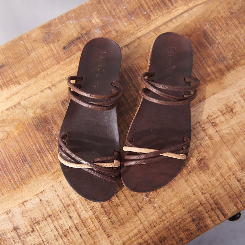 [Pure holiday] hit color leather rope sandals and slippers _ temperament nude / coffee - รองเท้ารัดส้น - หนังแท้ สีนำ้ตาล