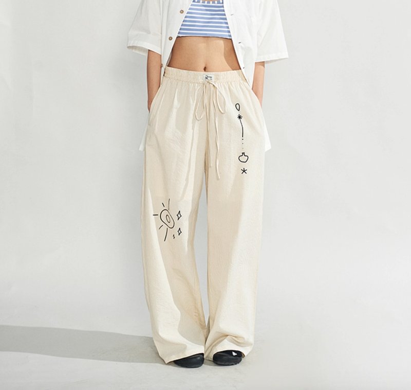 Japanese retro beach themed striped print trousers - Women's Pants - Other Materials Yellow