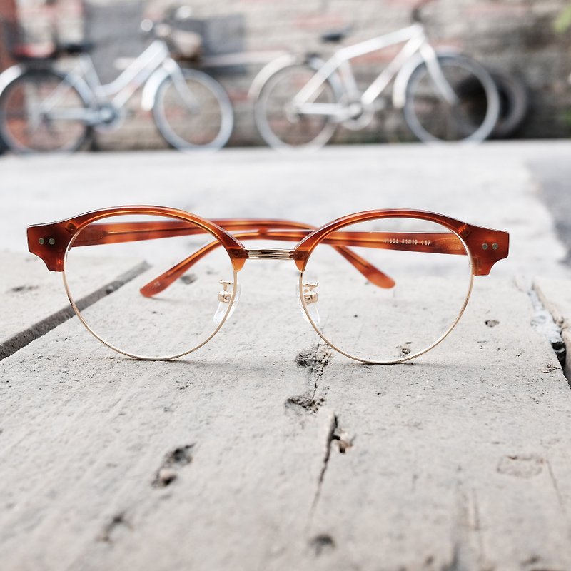 【目目商行】韓國 新款 復古眉框 圓框 大框 眼鏡 鏡框 淺茶 - 眼鏡/眼鏡框 - 其他材質 金色