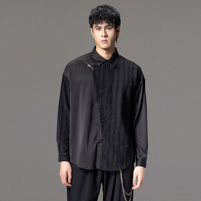 Autumn stitching striped long sleeve shirt men's new Chinese casual shirt - Men's Shirts - Other Materials 