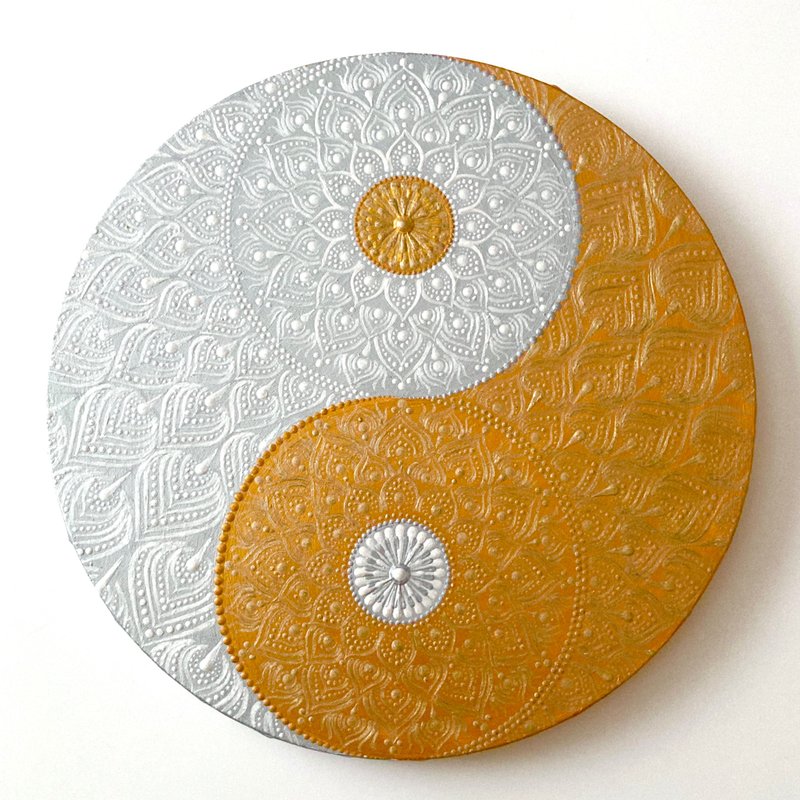 Yin-Yang Taiji Diagram (gold & silver) Ryujin Dot Mandala 30cm - โปสเตอร์ - ผ้าฝ้าย/ผ้าลินิน สีทอง