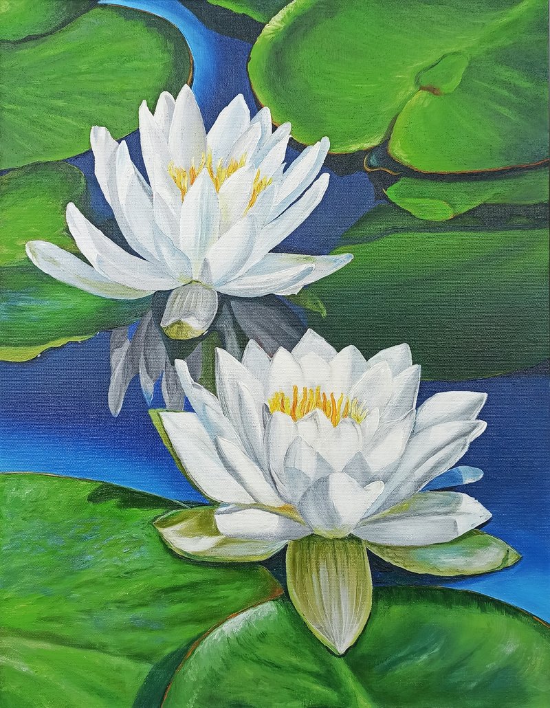 White Lili Oil Painting Water Lilies Picture Original Flowers Lotus Wall Art  蓮花 - 海報/掛畫/掛布 - 棉．麻 多色