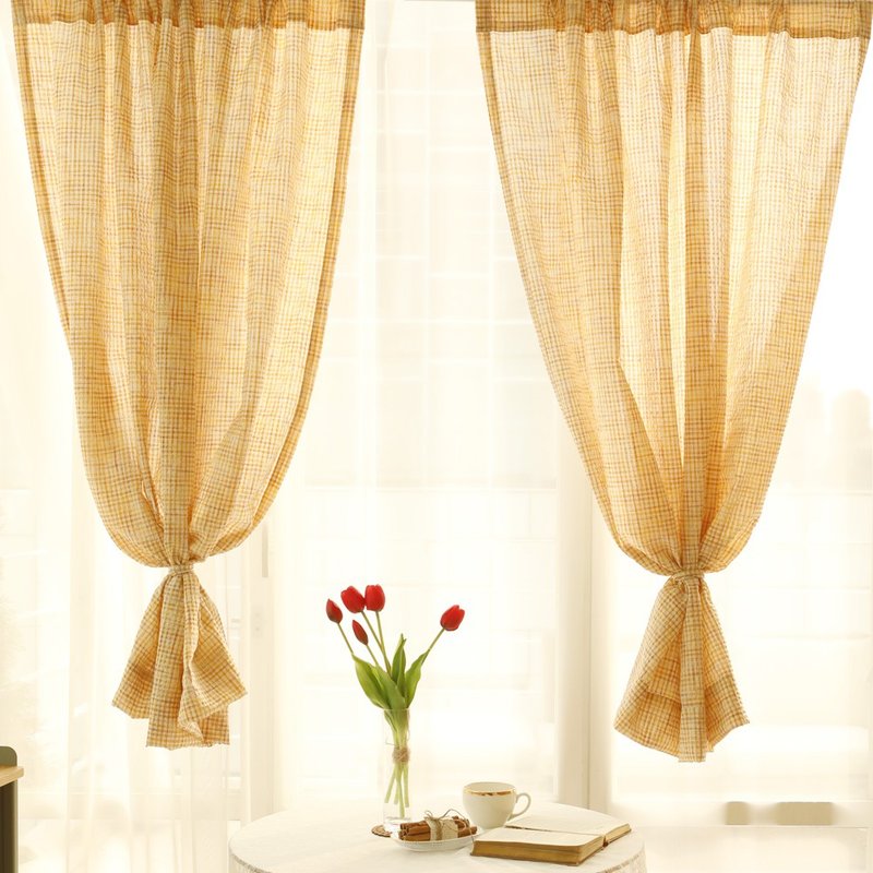 Cream plaid curtains 135x150_Korean curtains and door curtains are in stock and available quickly. - ม่านและป้ายประตู - เส้นใยสังเคราะห์ 