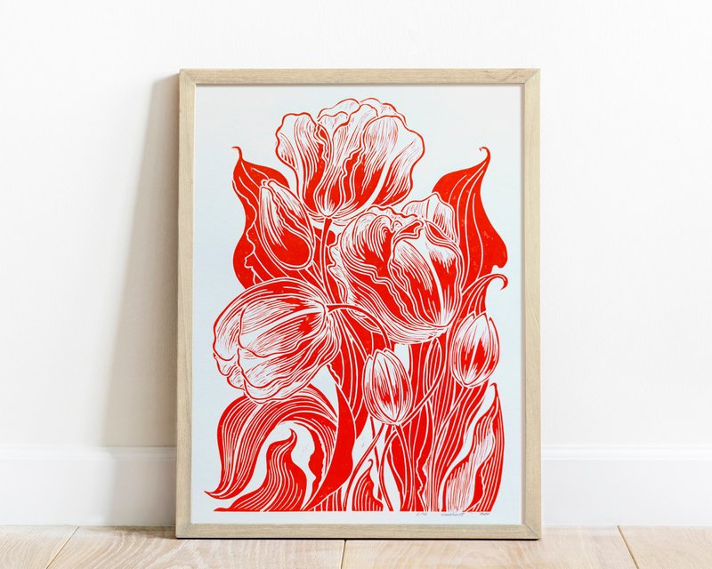 Red Tulips Flower Linocut Print Spring Wall Art Original Artwork Entryway Decor - 壁貼/牆壁裝飾 - 紙 紅色