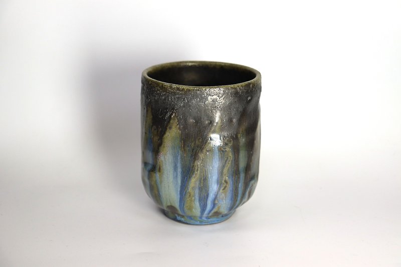 Firewood Gray Glazed Blue Pattern Water Cup - Cups - Pottery Multicolor