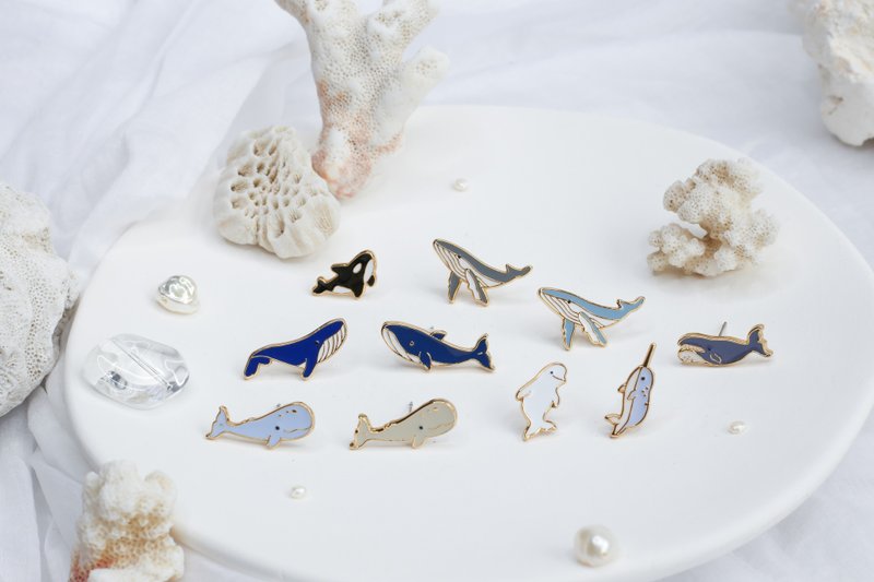 鯨魚組合 Whale 海洋生物 夾式耳環 手工飾品 生日禮物 紙盒包裝 - 耳環/耳夾/耳骨夾 - 琺瑯 多色