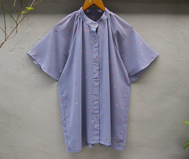 FOAK vintage fly ash purple shirt sleeve trigonometry - เสื้อเชิ้ตผู้หญิง - ผ้าฝ้าย/ผ้าลินิน สีเทา