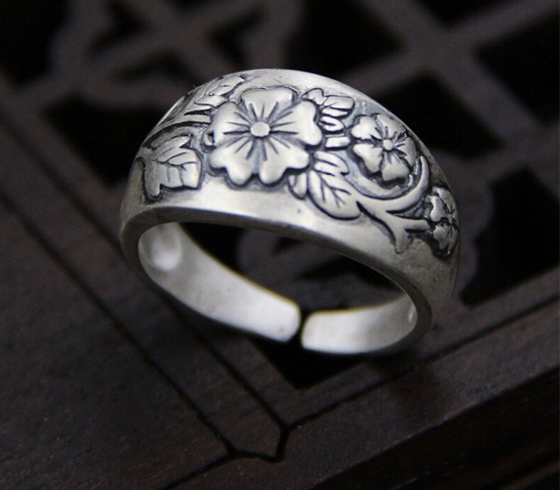 Real S 999 Fine Silver Jewelry Women Ethnic Finger Rings Embossed Flower - 戒指 - 銀 銀色