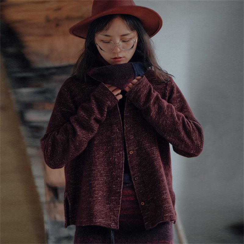 Maroon/fallen red Scottish shepherd wool round neck cardigan knitted sweater jacket - Women's Sweaters - Wool Red