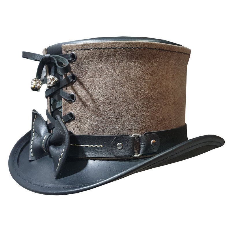 Vest And Bow Black Leather Top Hat - Hats & Caps - Genuine Leather Black