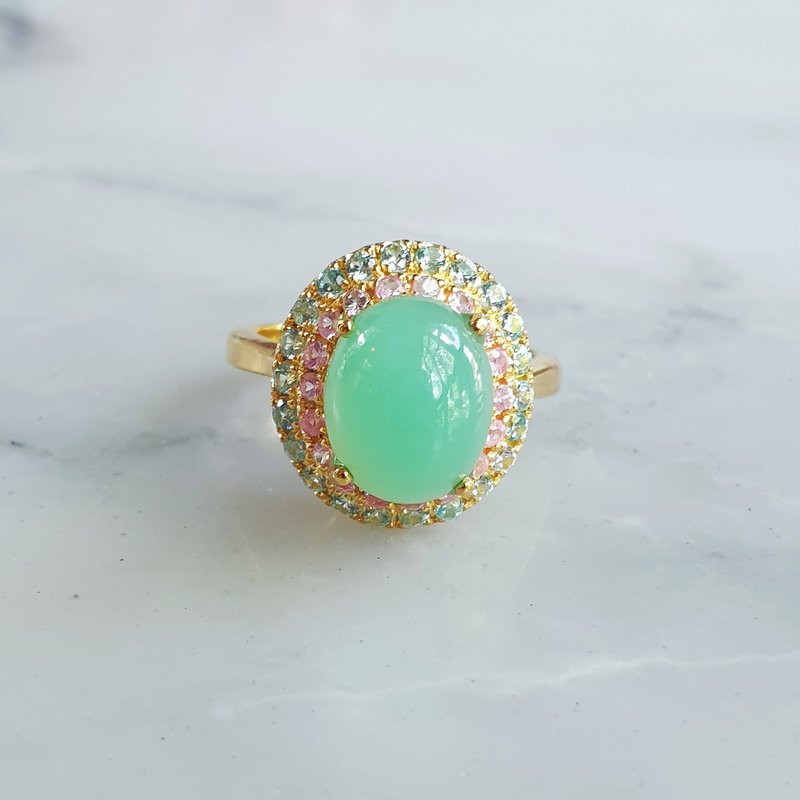 Chrysoprase ring set with Blue topaz and Pink Tourmaline in 925 Silver . - 戒指 - 寶石 多色