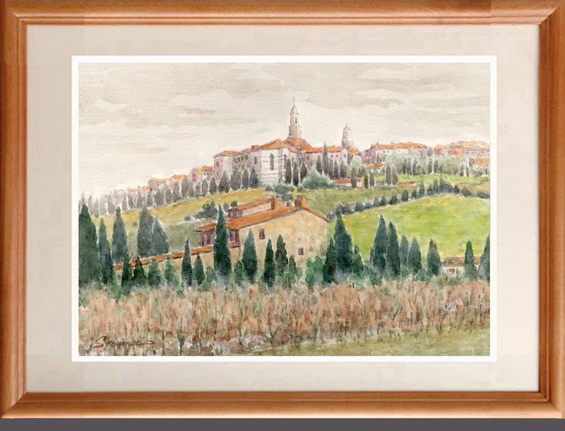 水彩画原画　ピエンツァ遠望・イタリア - 海報/掛畫/掛布 - 紙 綠色