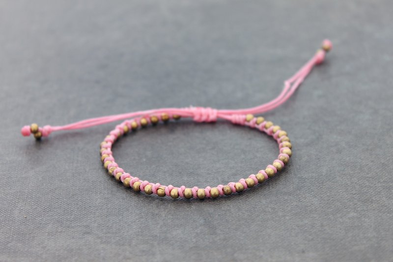 Pink Sweet Brass Studded Bracelets Woven Beaded Adjustable Unisex Friendship Girlfriend - สร้อยข้อมือ - ผ้าฝ้าย/ผ้าลินิน สึชมพู