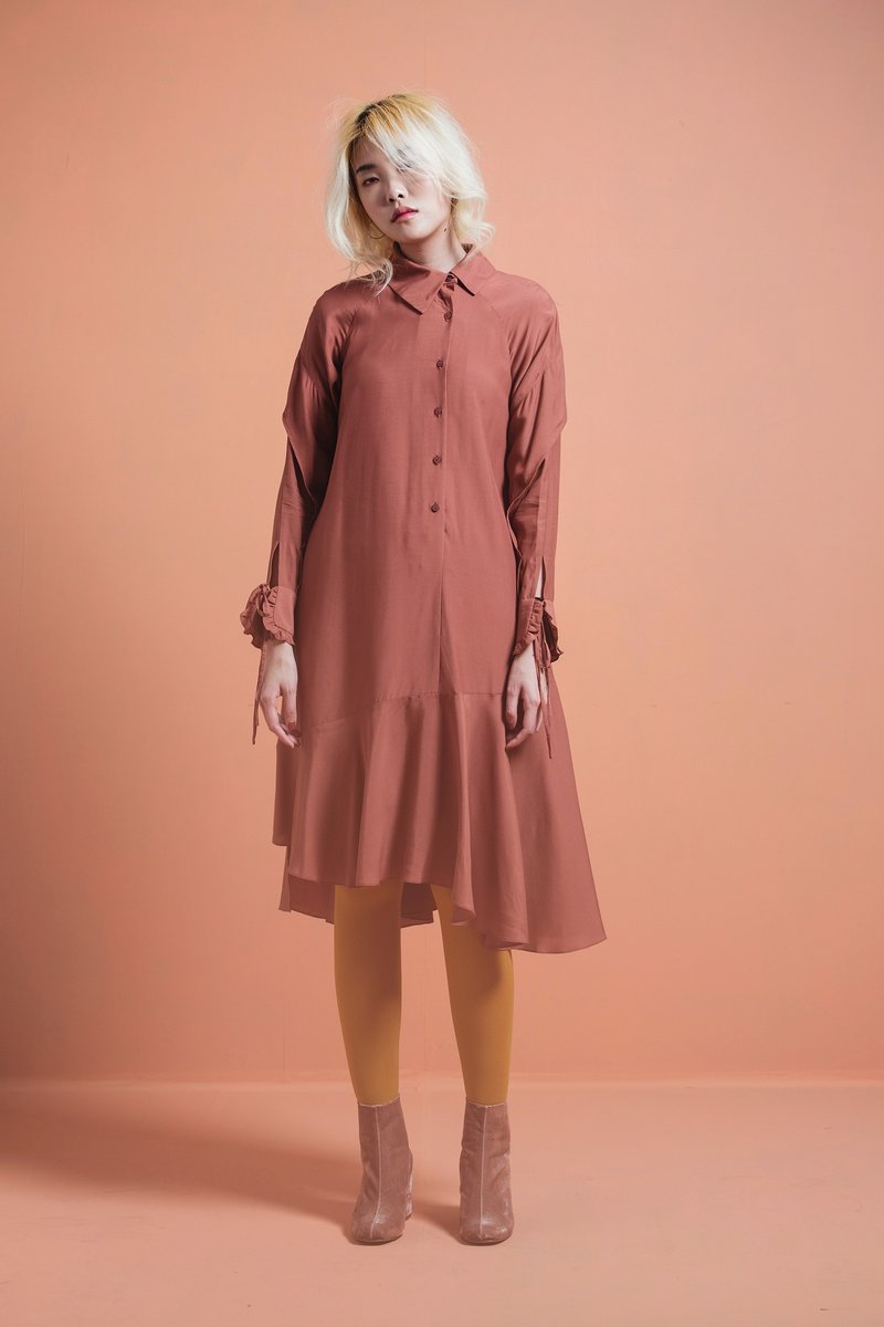 限量出清特惠 / 不對稱開襟洋裝-珊瑚橘 - 洋裝/連身裙 - 聚酯纖維 橘色