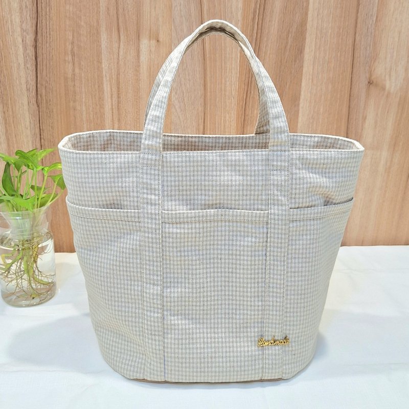 *【MY HANDMADE】 Checkered large-capacity bag-off-white* - Handbags & Totes - Cotton & Hemp White