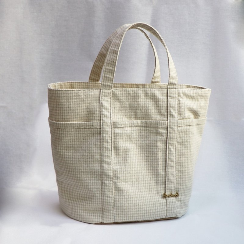 母親節活動【MY HANDMADE】 方格紋大容量提袋-米白 l 日本棉布、 - 手提包/手提袋 - 棉．麻 白色