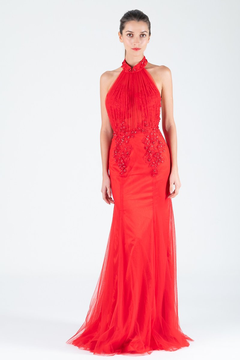 Halter Lace Mesh Mermaid Modern Cheongsam | Custom Made Backless Qipao Dress - กี่เพ้า - วัสดุอื่นๆ สีแดง