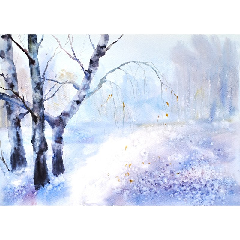 Birch Tree Painting Snow Trees Watercolor Original Art Aspen Landscape Artwork - 海報/掛畫/掛布 - 紙 多色