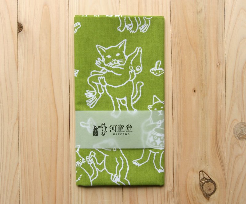 猫とカエルの手ぬぐい　萌黄 - 絲巾 - 棉．麻 綠色