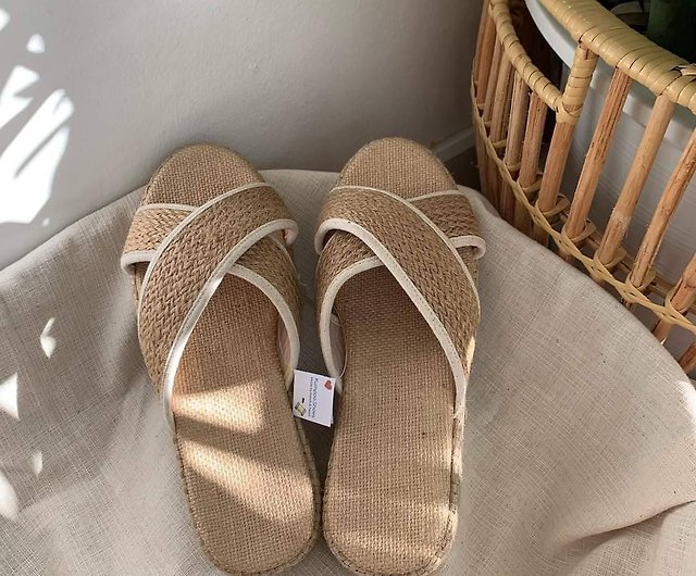 slipper shoes fabric cream - Shop Slippers -