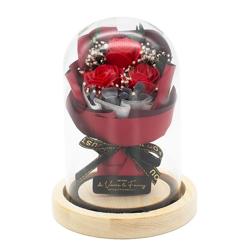 Devalier Soap Flower, Flower Dome, Rose, Bouquet, Natural Wood, Glass, Birthday Gift, Women's Flower lover , Devalier Original hi-01-red - Items for Display - Glass Red