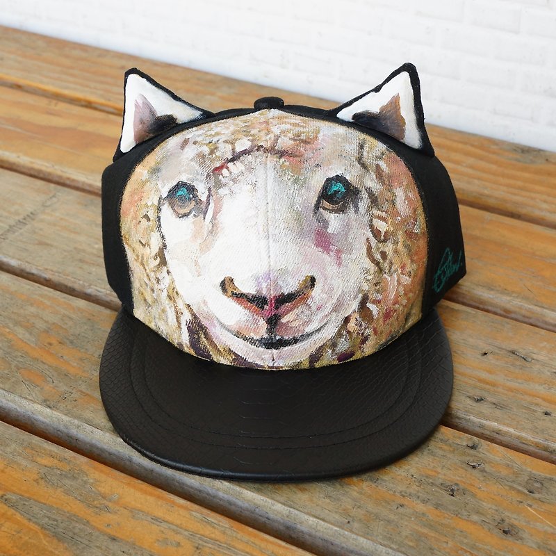 Hand painted cat ear cap <light smile sheep> - Hats & Caps - Polyester Khaki