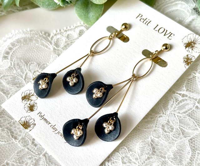 Shaking black flower earrings or Clip-On metal allergies asymmetry