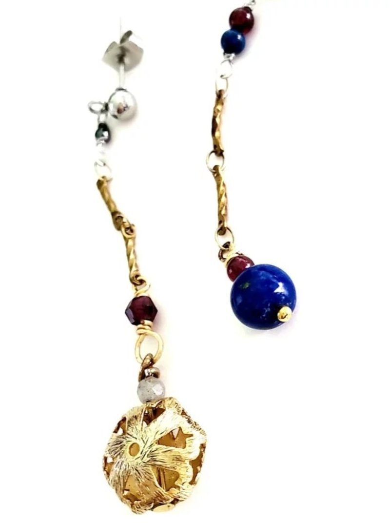 Semi-precious stones bronze dangle earrings (with stainless steel ear stud) - Earrings & Clip-ons - Gemstone 