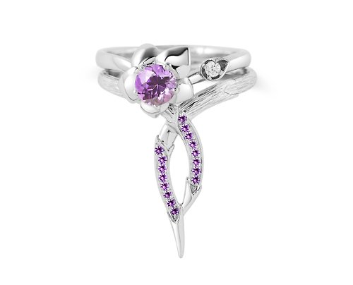 Majade Jewelry Design 紫水晶14k鑽石訂婚結婚戒指套裝 花卉白金戒指組合 蘭花藤蔓戒指