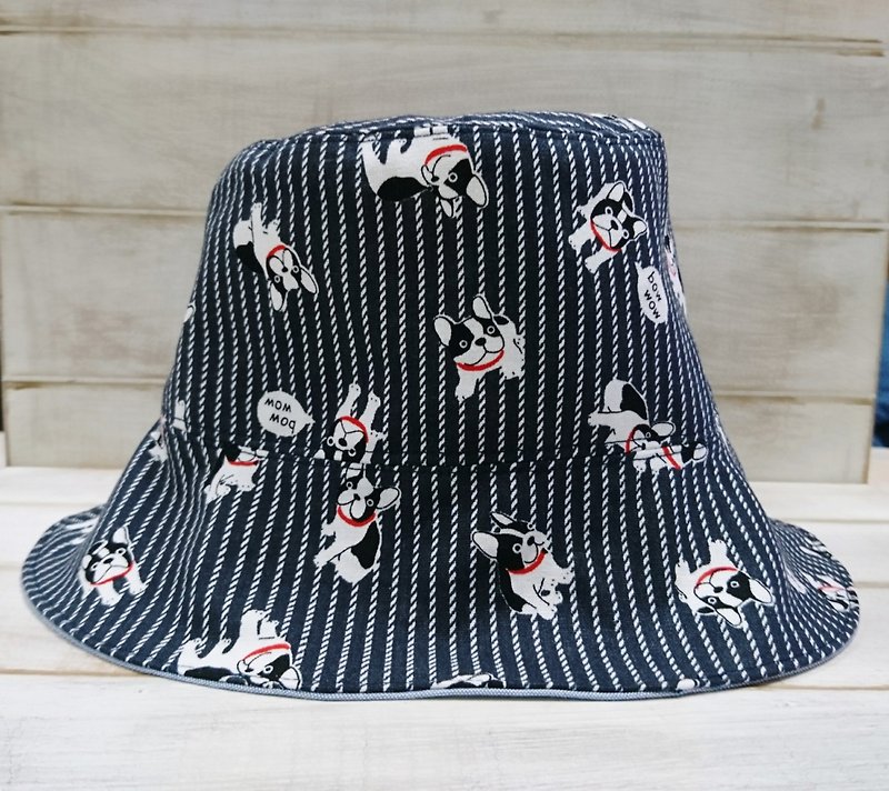 Dark blue bucket striped & light blue plain double-faced fisherman hat - Hats & Caps - Cotton & Hemp Blue