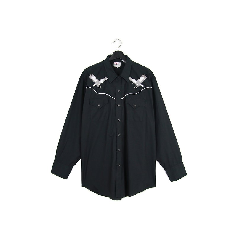 Back to Green :: 70 years old western shirt is black silver gray eagle / both men and women can wear // vintage (D-02) - Men's Shirts - Polyester 