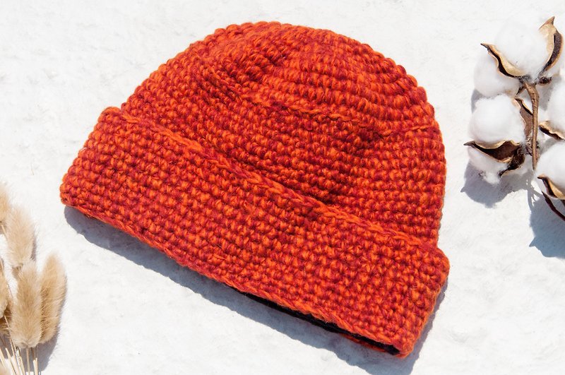 Hand-knitted pure wool hat/knitted hat/knitted woolen hat/inner bristles hand-knitted woolen hat/knitted hat-orange - หมวก - ขนแกะ สีส้ม
