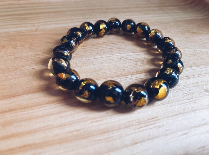 [Glass Series] 10MM Black Gold Foil Glaze Bead Bracelet - Bracelets - Colored Glass Black