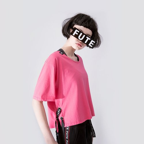 FUTE 【女款】側綁帶裝飾圓領t-shirt / 桃紅