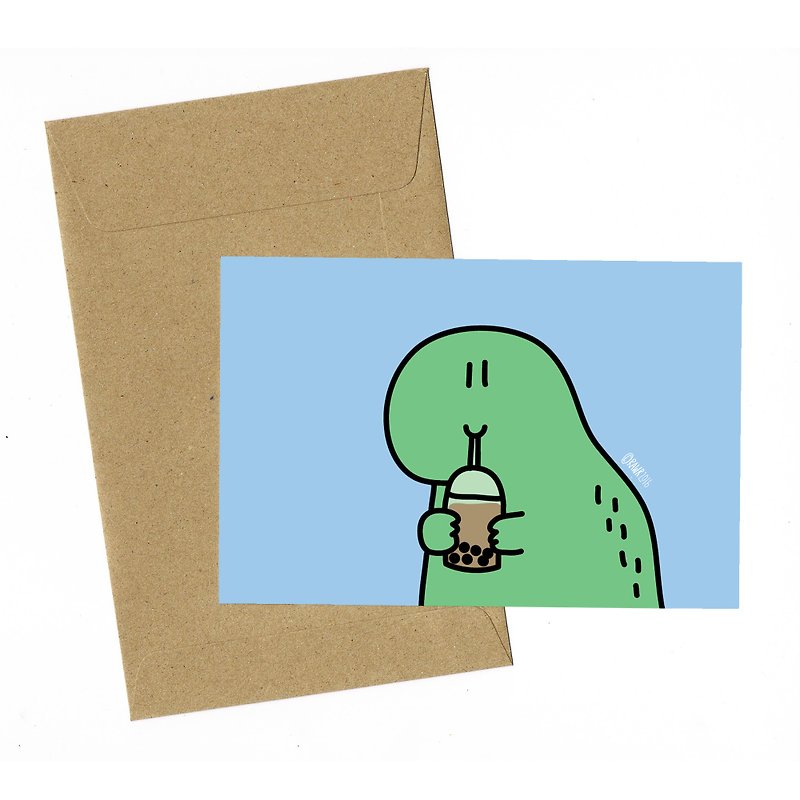 Dinosaur Bubble Milk Tea Card with envelope - 心意卡/卡片 - 紙 藍色