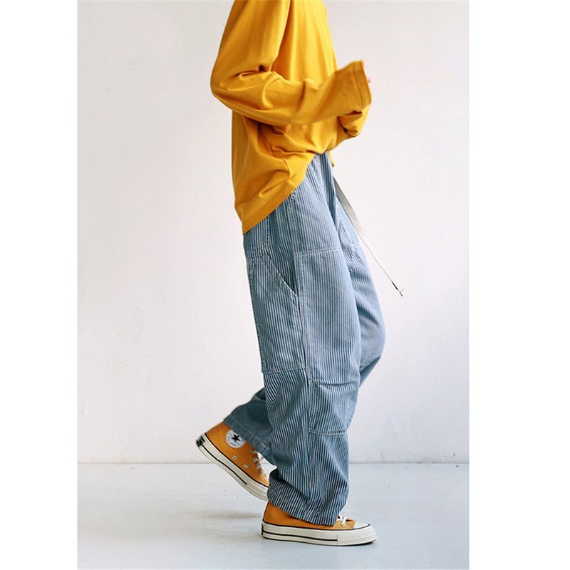 Blue striped retro overalls unisex loose jeans straight elastic waistband floor wide pants trousers - Women's Pants - Cotton & Hemp Blue