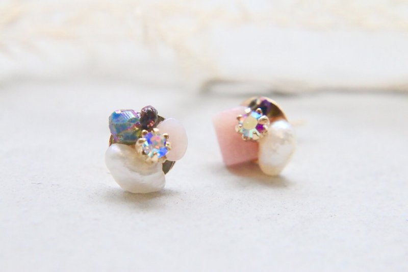 Pink opal pearl gemstones earring 1014 - ต่างหู - เครื่องเพชรพลอย สึชมพู