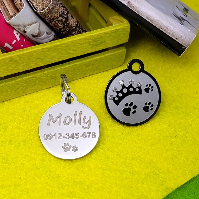 Crown with paw design Personal Steel Pet ID Tag - ปลอกคอ - สแตนเลส สีเงิน