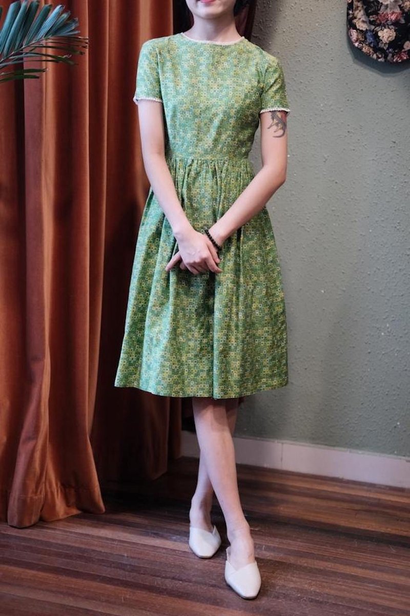 vintage dress蕾絲小花邊印花連衣裙古著洋裝 - 洋裝/連身裙 - 棉．麻 