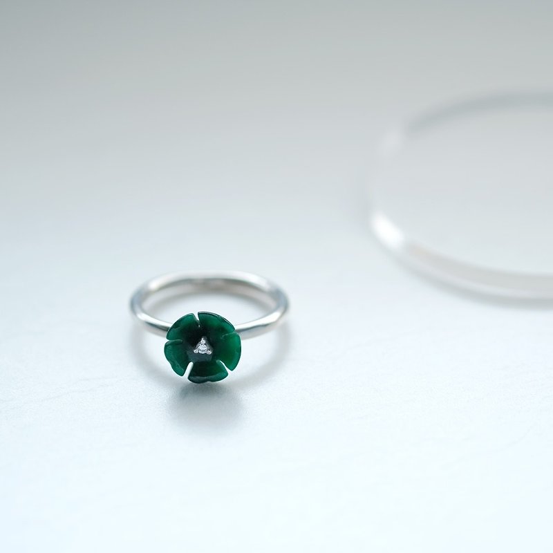 Jade Green Flower Ring Silver 925 - แหวนทั่วไป - โลหะ สีเขียว