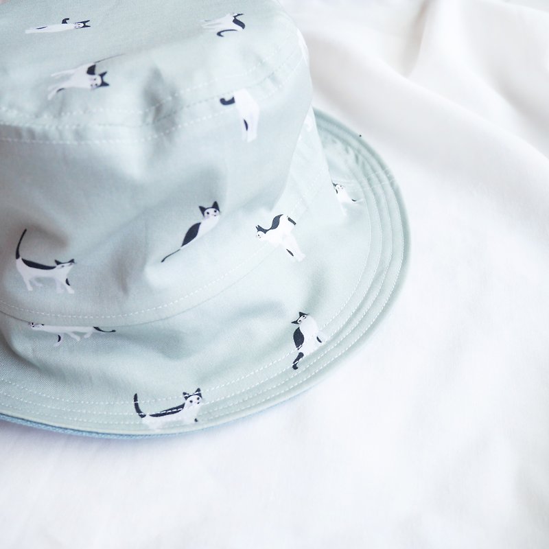 夏日雙面漁夫帽系列 | 抹茶黑白貓 - 帽子 - 棉．麻 綠色