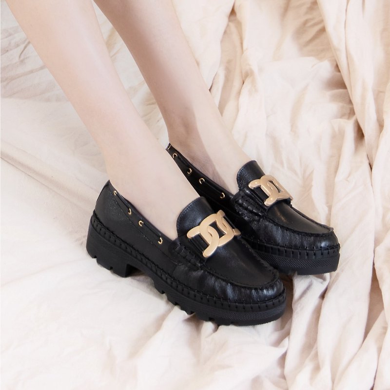 Metal Buckle Magnet Thick Sole Heightening Air Cushion Balloon Heel Shoes (Night Black) - Women's Casual Shoes - Genuine Leather Black