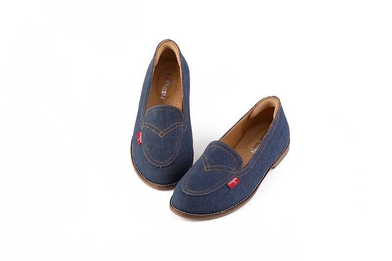 [Fu Lu Dan Ning] leather lining casual loafers denim limited dark blue - Women's Casual Shoes - Genuine Leather Blue