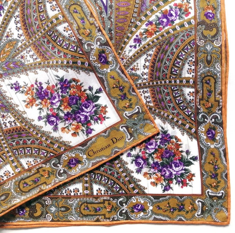 Christian Dior Vintage Handkerchief Motif Floral 21 x 20.5 inches - 絲巾 - 棉．麻 咖啡色