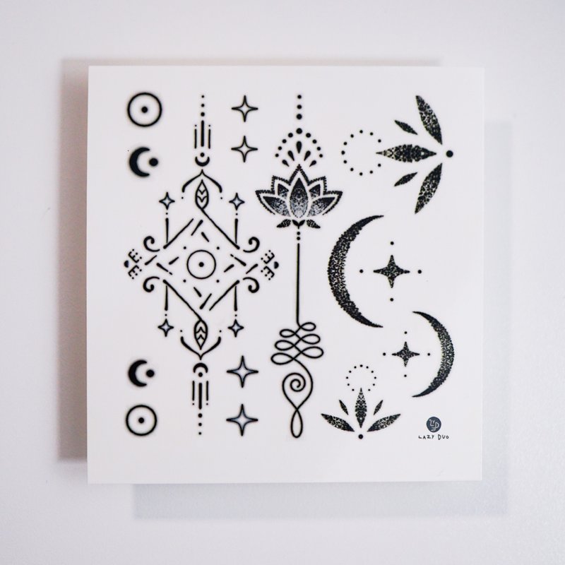 Black Dotwork Bohemian Symbols Ornamental Temporary Tattoo Stickers Lotus Moon - Temporary Tattoos - Paper Black