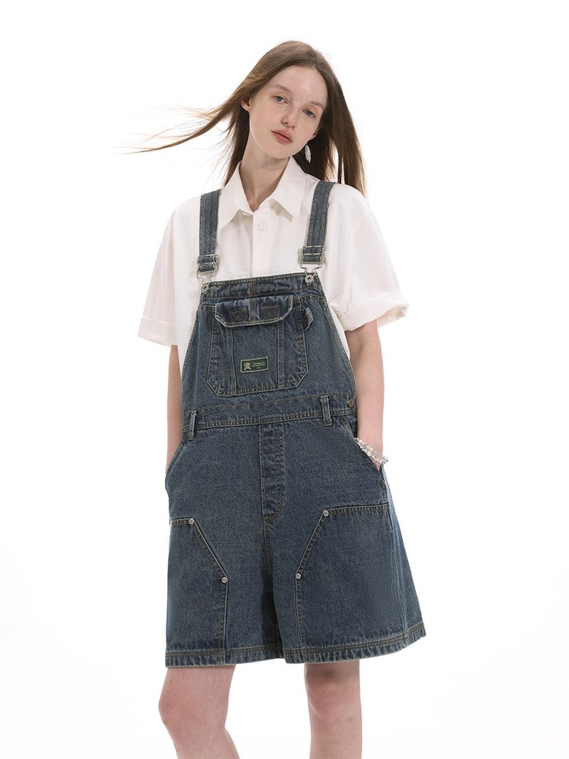 Unvesno (UN) 復古洗舊藍色休閒寬松牛仔背帶短褲  TR-3203 - 男短褲/工作短褲 - 棉．麻 藍色