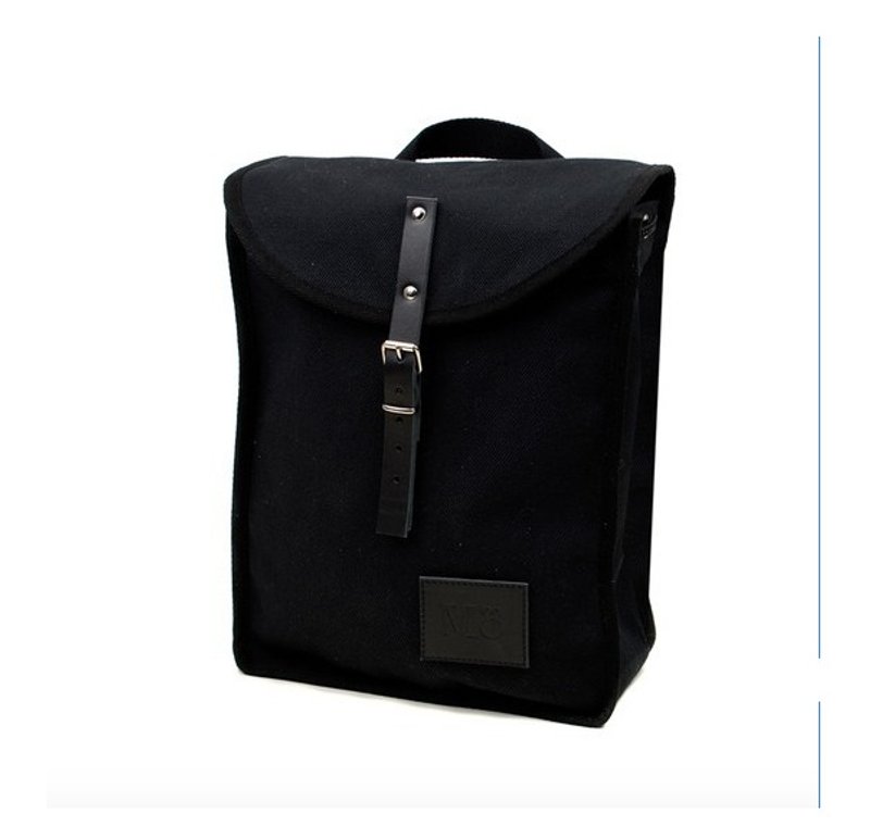 Mödernaked [西班牙手工製作] Heap Backpacks 100%純棉|皮革|拼接|抽繩 後背包 (黑＋黑邊) - 後背包/背包/書包 - 棉．麻 黑色