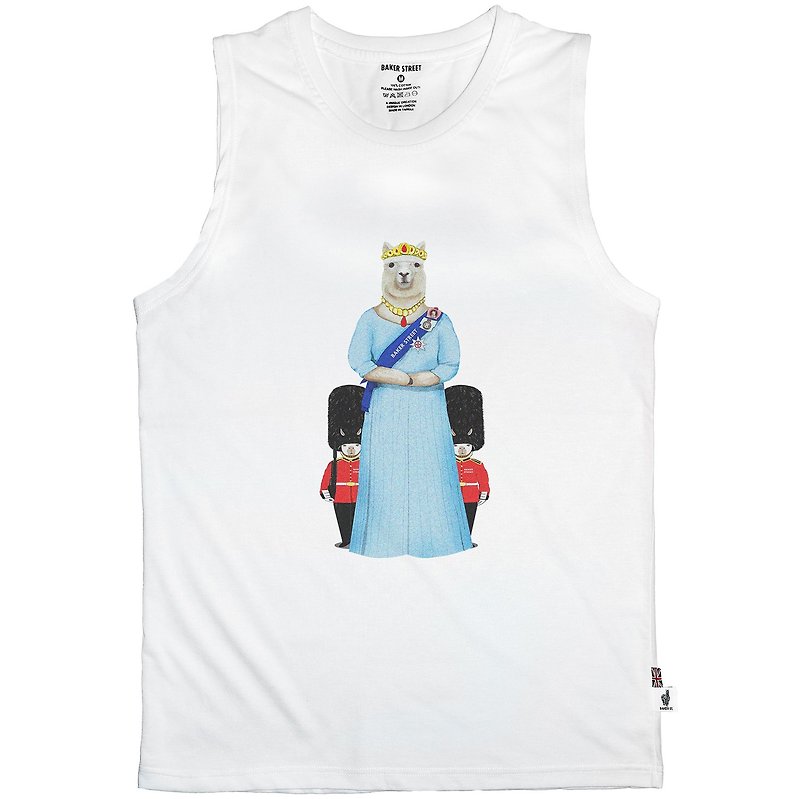British Fashion Brand -Baker Street- Queen of Alpaca Printed Tank Top - เสื้อกั๊กผู้ชาย - ผ้าฝ้าย/ผ้าลินิน ขาว