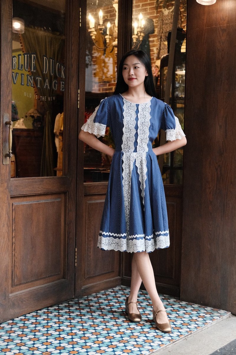 Vintage dress美國制波點方塊舞裙古著復古舞裙 - 洋裝/連身裙 - 棉．麻 